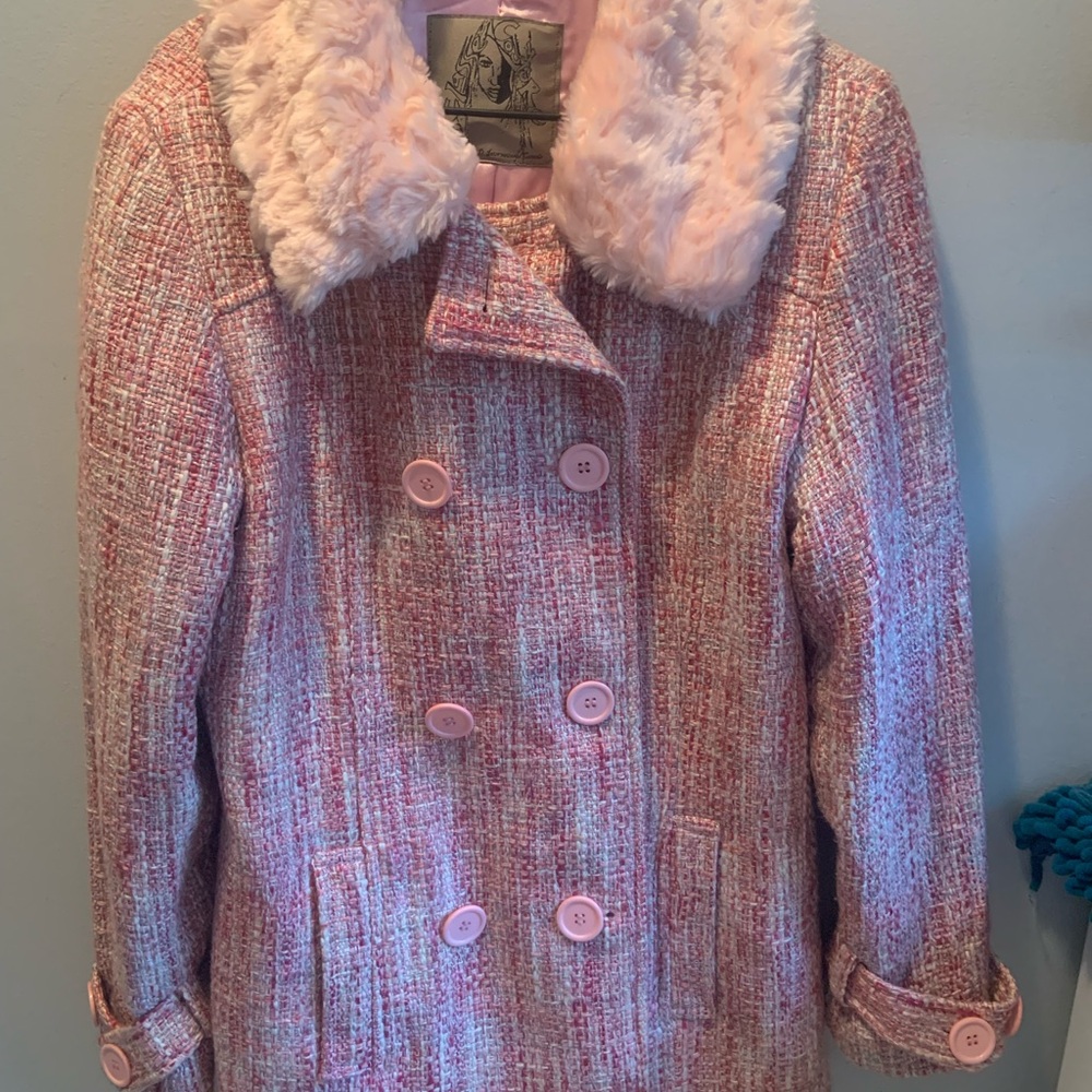 Women's Pink Tweed Coat with Faux Fur Collar